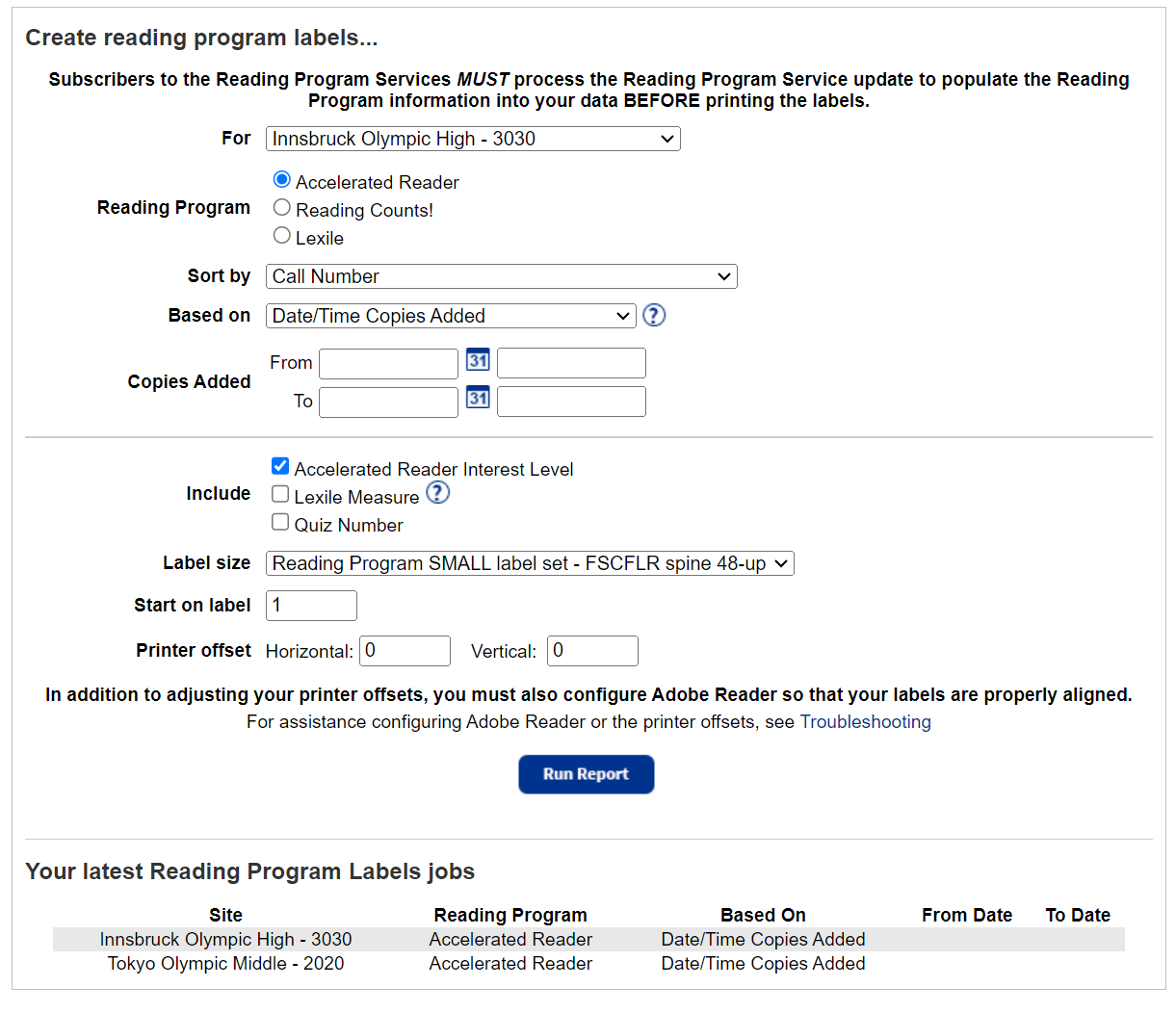 Reading Program Labels report.